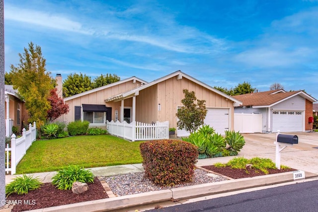 ranch-style house with a garage and a front lawn