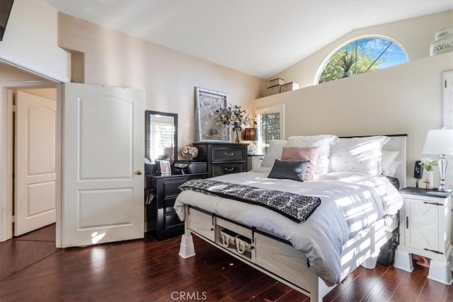 bedroom with dark hardwood / wood-style flooring and lofted ceiling