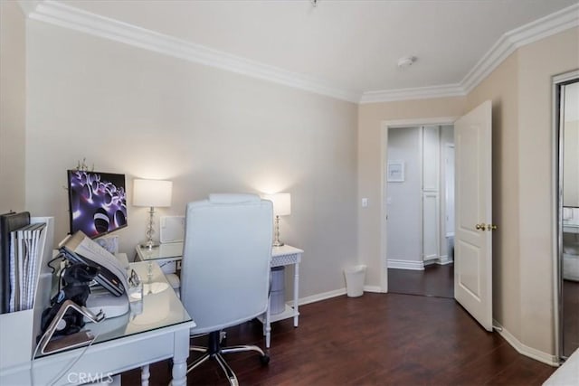 office space with crown molding and dark hardwood / wood-style floors