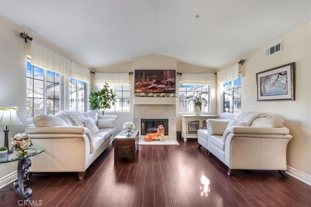 living room with vaulted ceiling and dark hardwood / wood-style floors