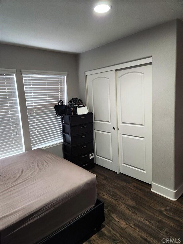 bedroom with dark hardwood / wood-style flooring and a closet