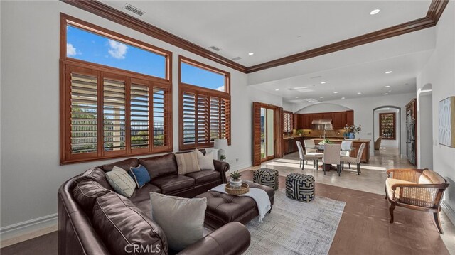 living room with crown molding and wood-type flooring