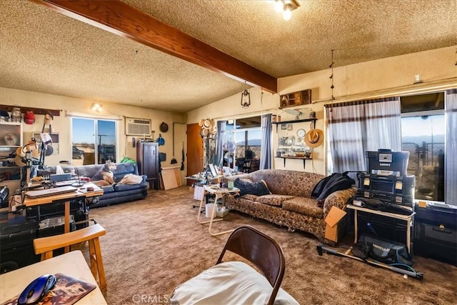 carpeted living room featuring lofted ceiling with beams, a textured ceiling, and a wall unit AC