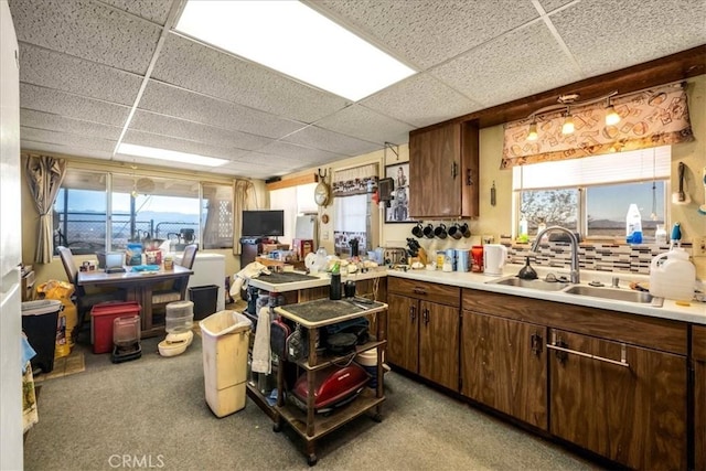 kitchen featuring a drop ceiling, sink, dark brown cabinets, and carpet flooring