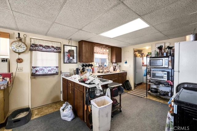 kitchen featuring stainless steel microwave, dark brown cabinets, a paneled ceiling, and white fridge