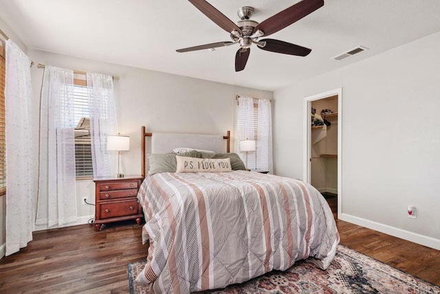 bedroom featuring baseboards, visible vents, a ceiling fan, dark wood-type flooring, and a walk in closet