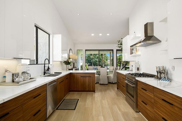 kitchen with sink, white cabinets, wall chimney exhaust hood, and appliances with stainless steel finishes