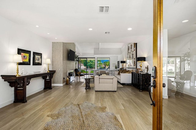 living room with light hardwood / wood-style flooring and a wealth of natural light