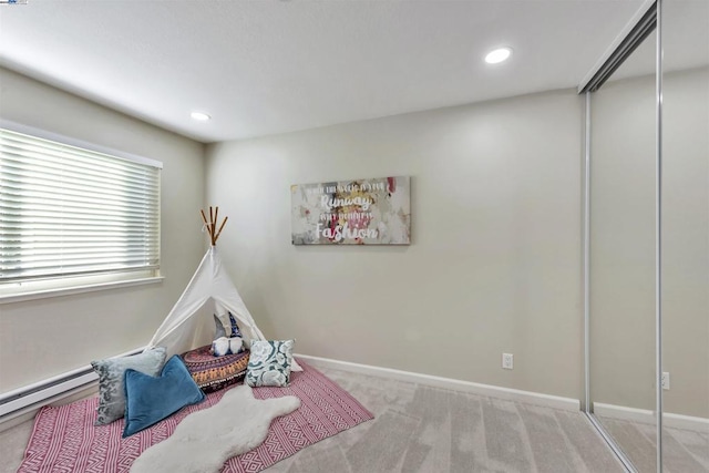 playroom with light colored carpet