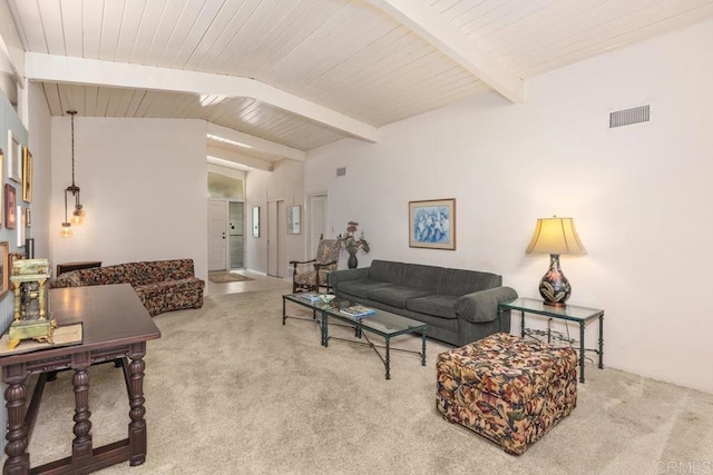 carpeted living area featuring lofted ceiling with beams, wood ceiling, and visible vents