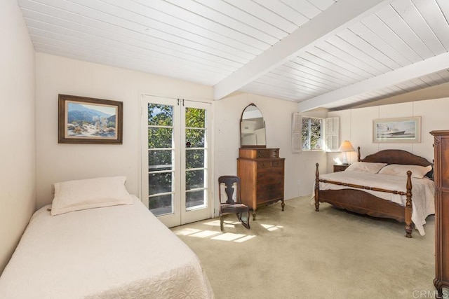 bedroom featuring light carpet, beamed ceiling, wood ceiling, and access to exterior