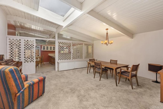 carpeted dining space with a chandelier and lofted ceiling with beams