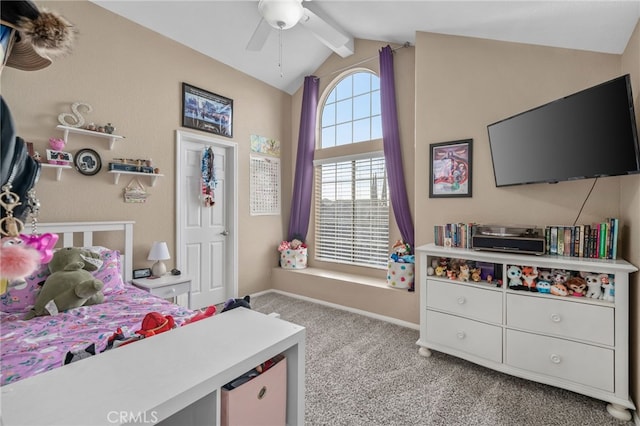 carpeted bedroom featuring lofted ceiling with beams and ceiling fan