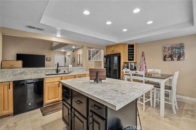 kitchen with a tray ceiling, sink, and black appliances