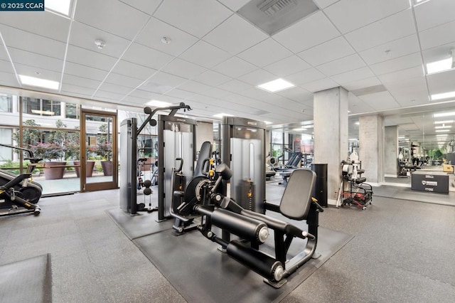 gym featuring expansive windows and a drop ceiling