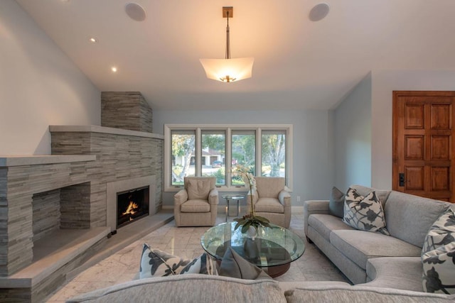 living room featuring lofted ceiling