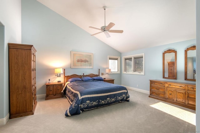 bedroom with ceiling fan, light carpet, and high vaulted ceiling