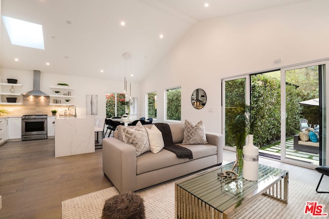 living room with sink, a skylight, high vaulted ceiling, and light hardwood / wood-style flooring