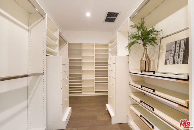 walk in closet with dark wood-type flooring