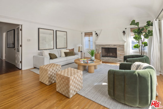 living room featuring a fireplace and light hardwood / wood-style flooring