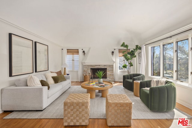 living room with vaulted ceiling and light wood-type flooring