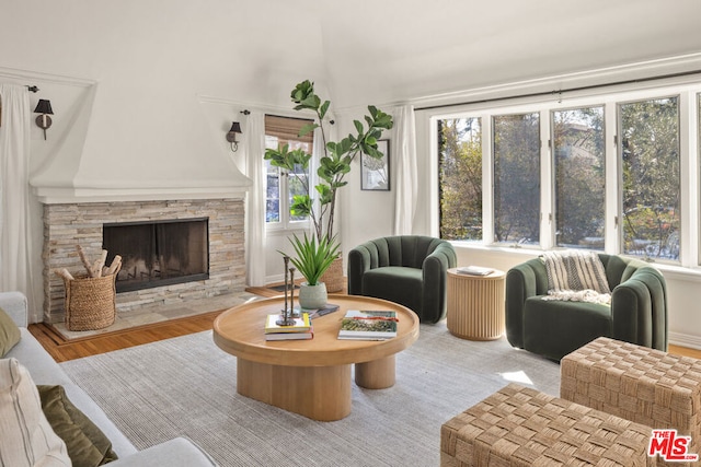 living room with a fireplace and light hardwood / wood-style floors