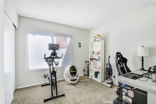 workout room with a textured ceiling and carpet flooring