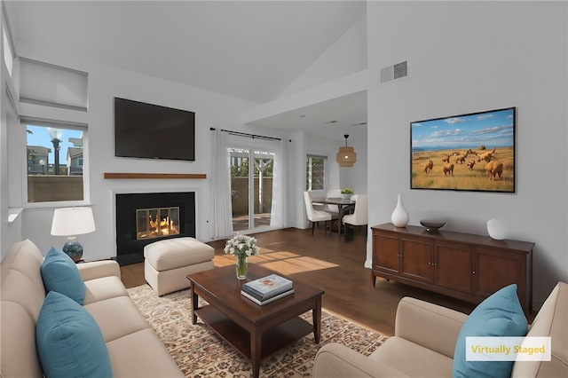 living room with wood-type flooring and high vaulted ceiling