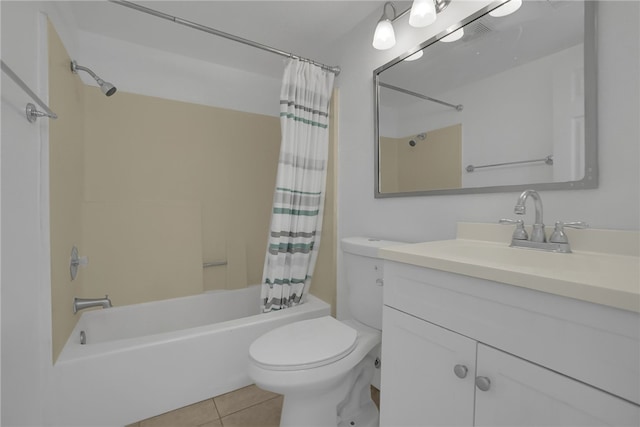 full bathroom featuring vanity, shower / tub combo, tile patterned floors, and toilet