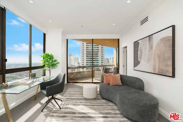 office space with crown molding, plenty of natural light, and expansive windows