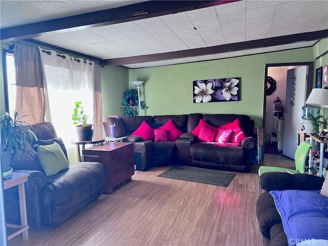 living room with hardwood / wood-style floors and beam ceiling