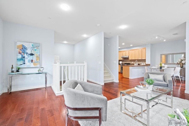 living room with dark hardwood / wood-style floors and sink