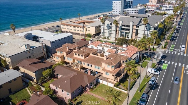 aerial view featuring a water view and a view of the beach