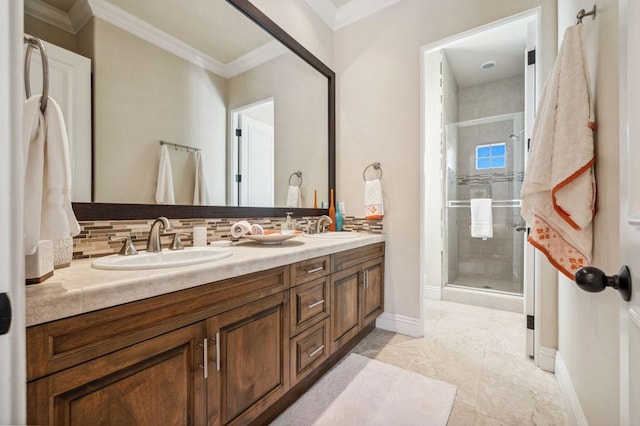 bathroom with ornamental molding, an enclosed shower, vanity, and backsplash