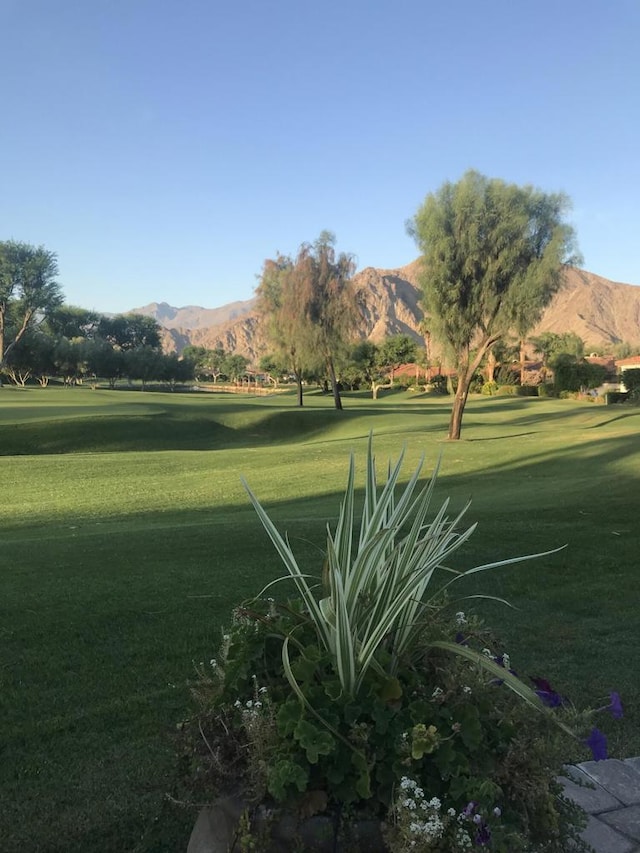 view of property's community with a yard and a mountain view