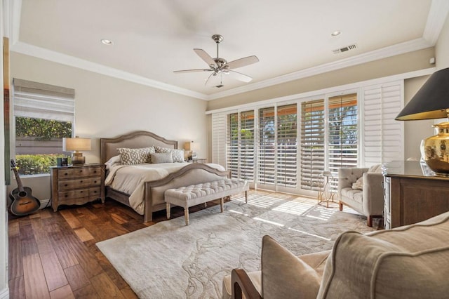 bedroom featuring multiple windows, crown molding, ceiling fan, and dark hardwood / wood-style flooring