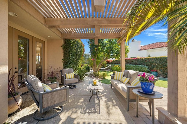 view of patio / terrace featuring an outdoor hangout area and a pergola