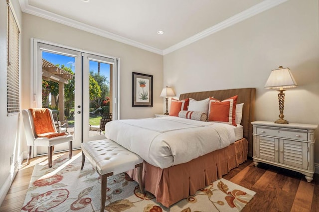 bedroom with french doors, ornamental molding, dark hardwood / wood-style floors, and access to outside