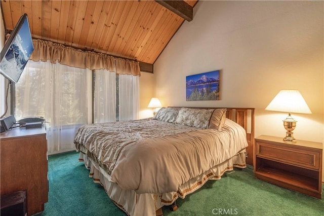 bedroom featuring beam ceiling, high vaulted ceiling, wood ceiling, and dark carpet