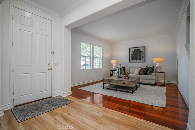 living room featuring ornamental molding and hardwood / wood-style floors