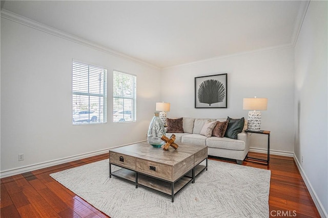 living room featuring crown molding and dark hardwood / wood-style floors