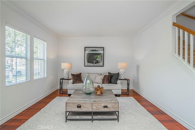 living room featuring dark wood-type flooring and ornamental molding