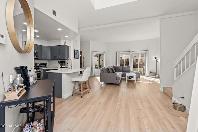 living room with a skylight, light hardwood / wood-style flooring, and sink