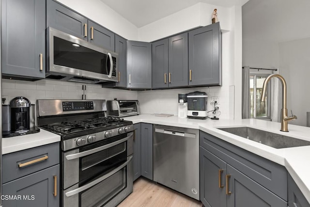 kitchen featuring gray cabinetry, sink, tasteful backsplash, and appliances with stainless steel finishes