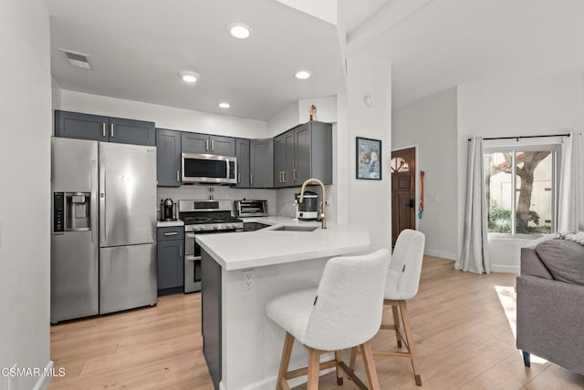 kitchen featuring gray cabinets, sink, a kitchen bar, kitchen peninsula, and stainless steel appliances