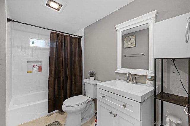 full bathroom featuring vanity, toilet, and shower / bathtub combination with curtain