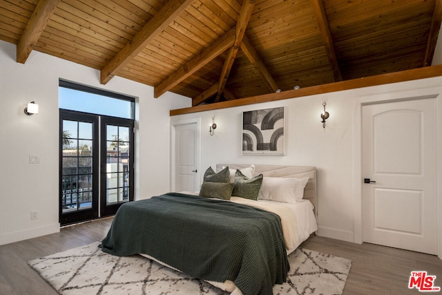 bedroom with vaulted ceiling with beams, access to outside, hardwood / wood-style floors, and wooden ceiling