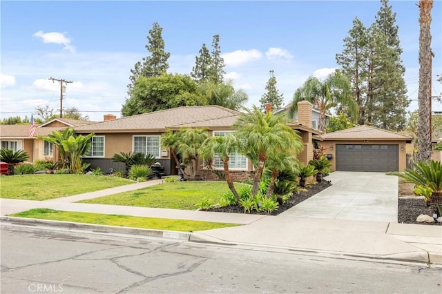 ranch-style home with a garage and a front lawn