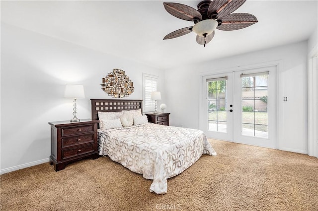 bedroom featuring french doors, ceiling fan, carpet, and access to outside