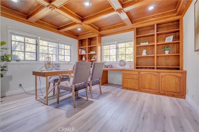 office space with built in shelves, plenty of natural light, coffered ceiling, and wooden ceiling